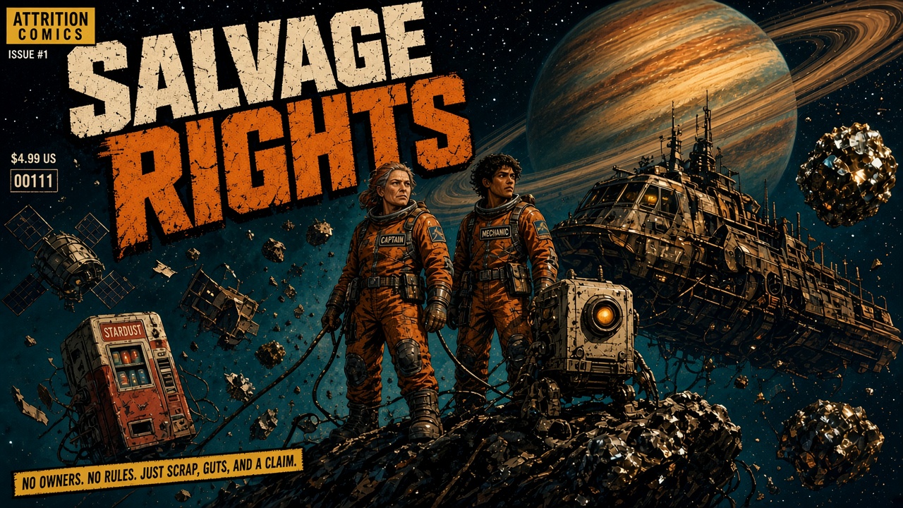Cover of Salvage Rights: a salvage crew and a glowing vintage vending machine in the asteroid belt