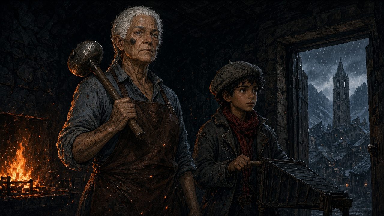 Cover of The Last Bell: an old blacksmith and a boy before a roaring forge